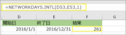 =NETWORKDAYS.INTL(D53,E53,1) と結果: 261
