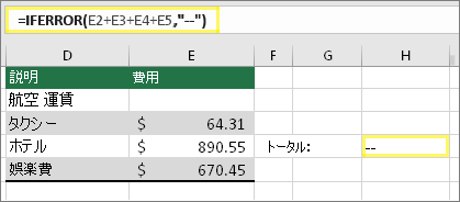 セル H4 の内容は =IFERROR(E2+E3+E4+E5,--)