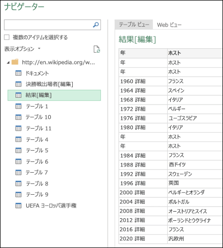 Web からPower Query >> ナビゲーターのテーブル ビュー