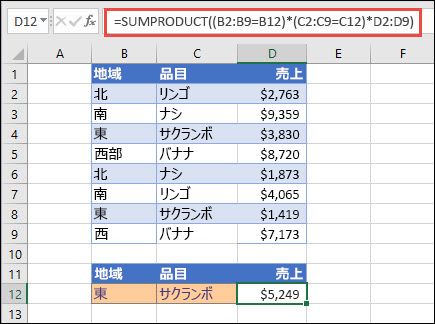 SUMPRODUCT を使用して地域別の項目の合計を返す方法について説明します。この場合、東部地域で販売されたサクランボの数。