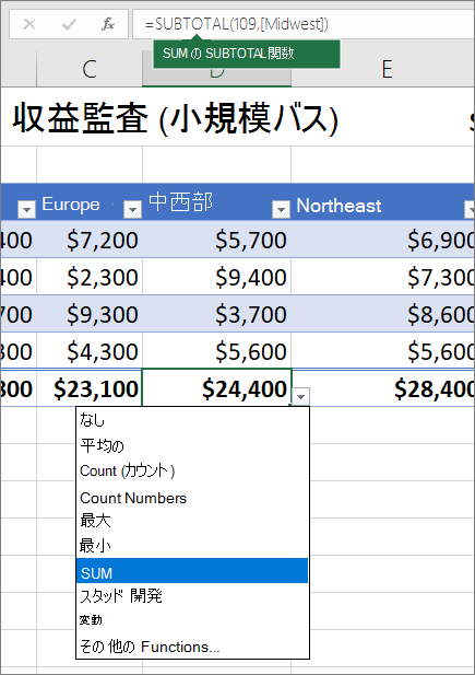 集計行​​の数式ドロップダウン リストからの集計行の数式の選択例