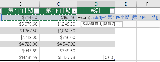 テーブル内にオートコンプリートする単一の数式を追加して、集計列を作成する
