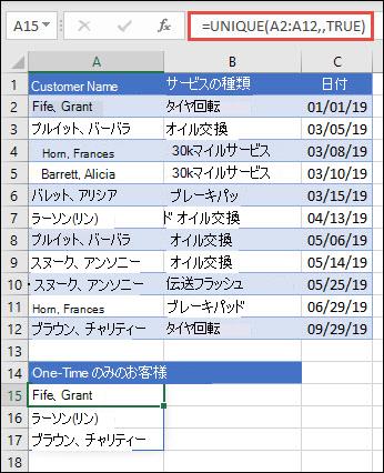 occurs_once 引数を true に設定して UNIQUE を使用すると、1 回だけ出現する名前の一覧を返します。