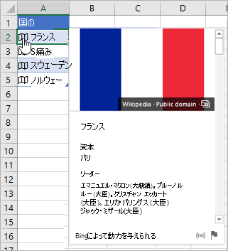フランスのリンクされたレコードを含むセル; アイコンをクリックしているカーソル; 表示されたカード