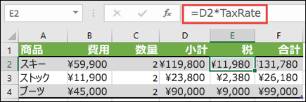 適用されている名前付き範囲の例