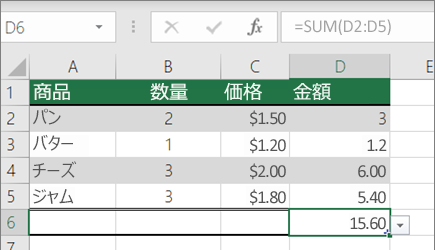 名前付き範囲を持つ SUM 関数の例