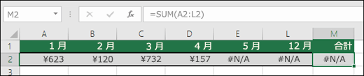 セルに入力された #N/A の例。この場合、SUM 数式で正しい計算が行われません。