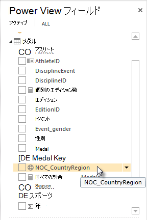 Power View フィールドの位置情報アイコン