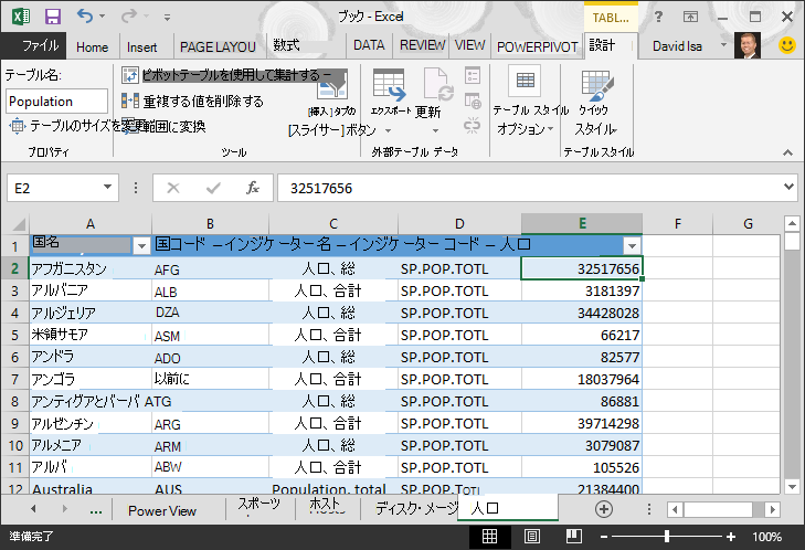 Excel に入力された母集団データ