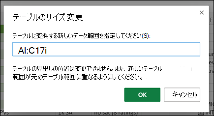 [テーブルのサイズ変更] ダイアログ