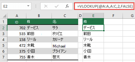 @ 演算子を使用し、=VLOOKUP(@A:A,A:C,2,FALSE) をコピーします。この参照スタイルはテーブルでは機能しますが、動的配列は返されません。
