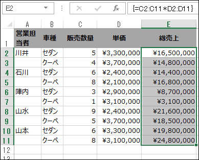 E 列の合計を配列数式により計算