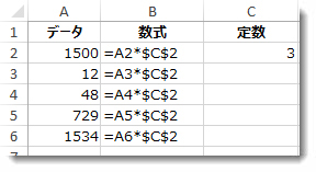 列 A の中の数、列 B の中の $ 記号を含む数式、列 C の中の数値 3