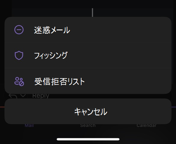 Outlook Mobile の [迷惑メール] サブメニュー