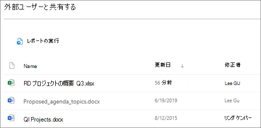 外部共有 SharePoint ファイルのスクリーンショット。最初の列アイコンはファイルの種類、次の列はファイル名、3 番目の列はファイルが最後に変更されたとき、4 番目の列はファイルを最後に変更したユーザーを示しています。
