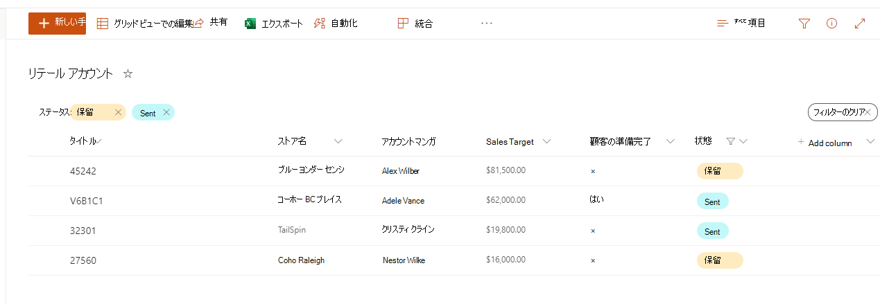 SharePoint の並べ替えられたリストのスクリーンショット。