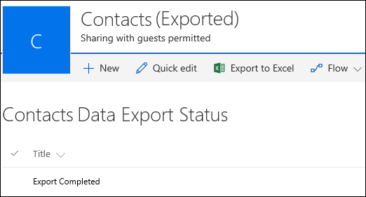 「エクスポートの完了」というタイトルのレコードを含む SharePoint リスト