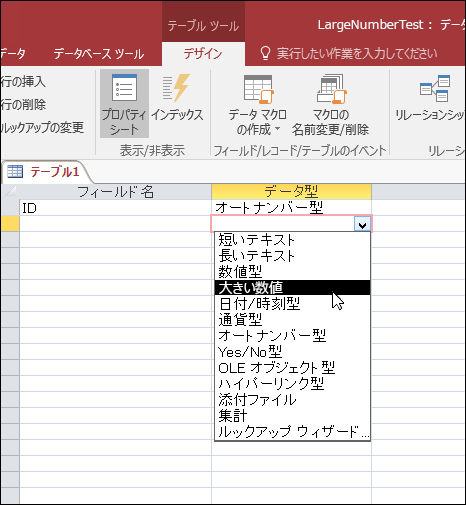 Access テーブルのデータ型の一覧のスクリーンショット。大きい数値が選択されています。