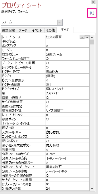 プロパティの並べ替えがない Access プロパティ シートのスクリーンショット
