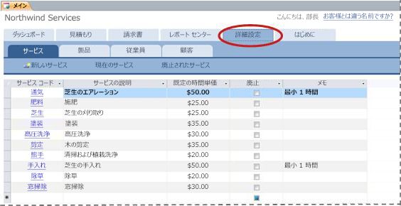 サービス データベース テンプレートの [詳細設定] タブ