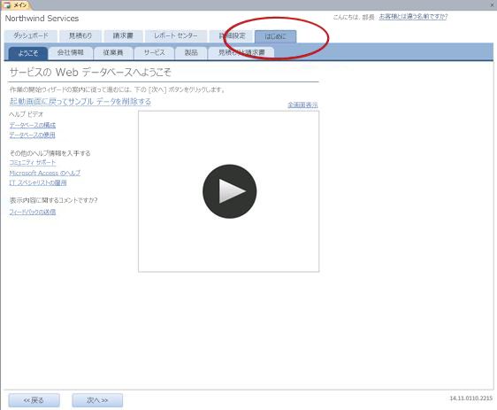 サービス Web データベース テンプレートの [開始フォーム] タブ