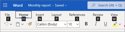 Web のWordでリボンの各オプションに表示されるキーヒント。