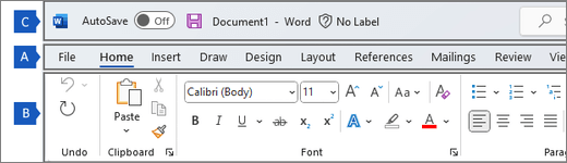 Wordのリボン。リボンのメイン領域が表示されます。