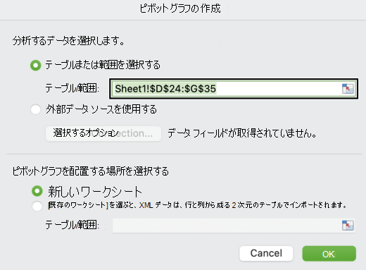 Mac の [ピボットグラフの作成] ダイアログ ボックス。