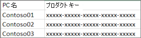 2 列のプロダクト キー リストの例です。