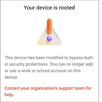 Android 上の Microsoft Authenticator でデバイスがルート化エラーであることを示すスクリーンショット。