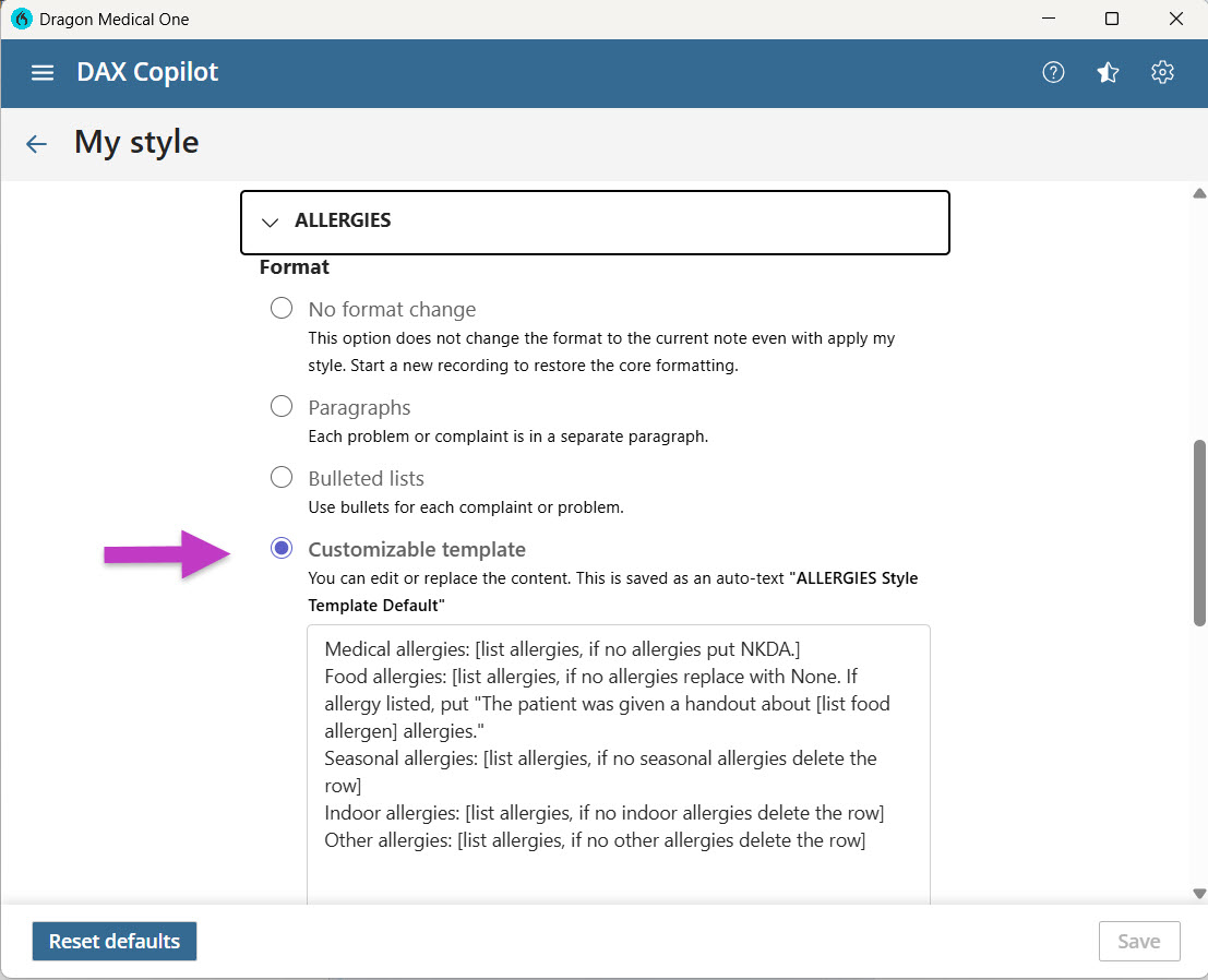 Customized template selected for Allergies section pointed by an arrow