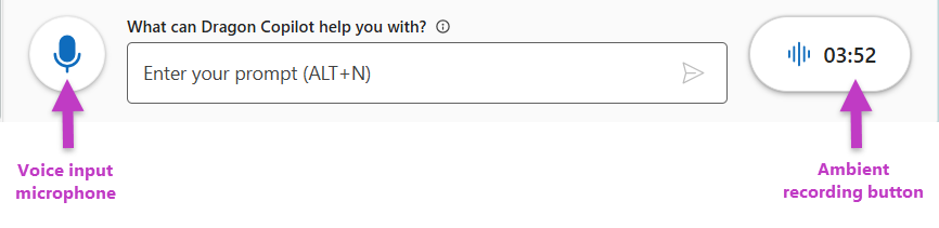 The voice input microphone and ambient recording buttons in Dragon Copilot.