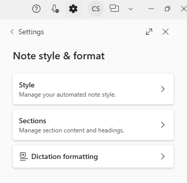 Screenshot that shows Settings > Note style & format with Dictation formatting highlighted.