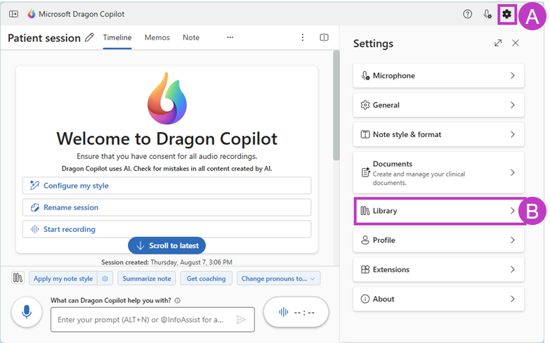 Dragon Copilot with Settings icon and Library highlighted.