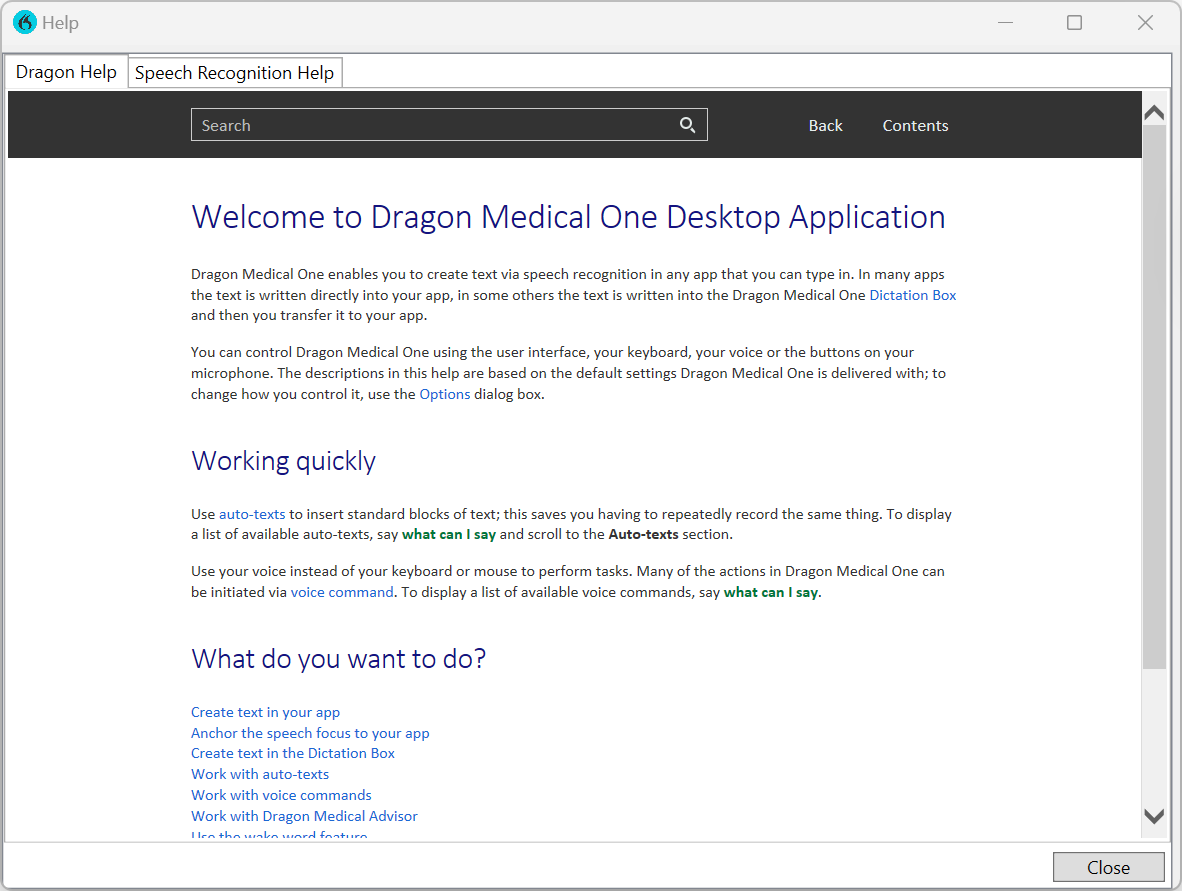 Dragon Medical One Help menu