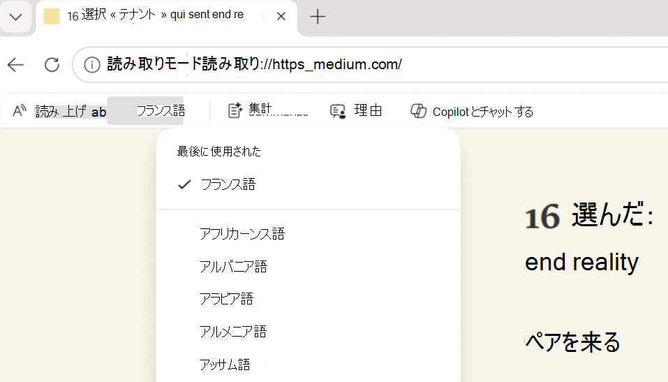 読み取りモード翻訳のスクリーンショット。