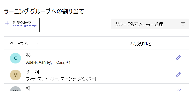 名前付きグループと各グループの生徒数を示すラーニング グループ リスト。