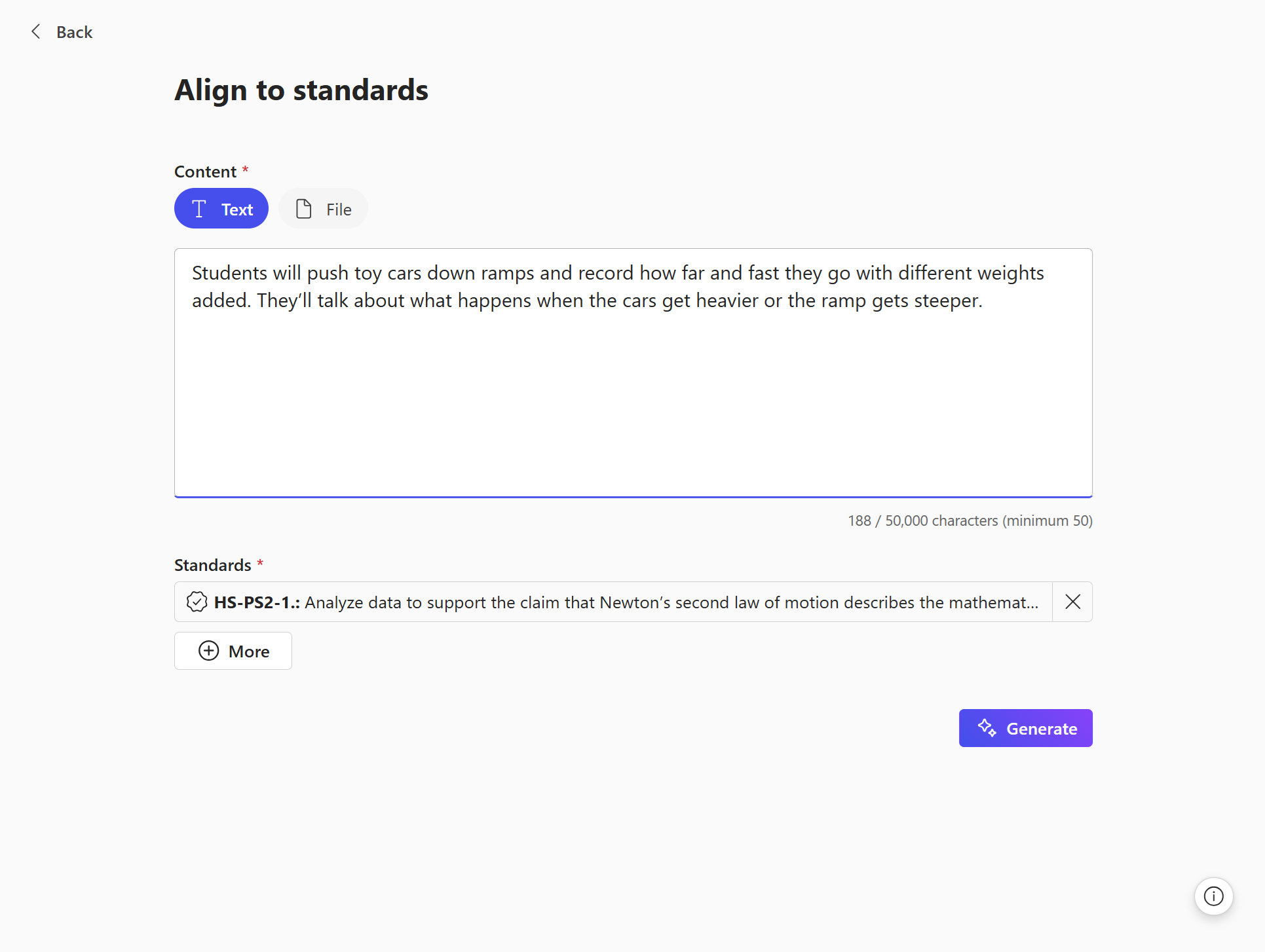 Screen titled Align to standards showing a text description of a toy car ramp activity, a selected standard labeled HS-PS2-1 about Newtons Second Law, and a Generate button.