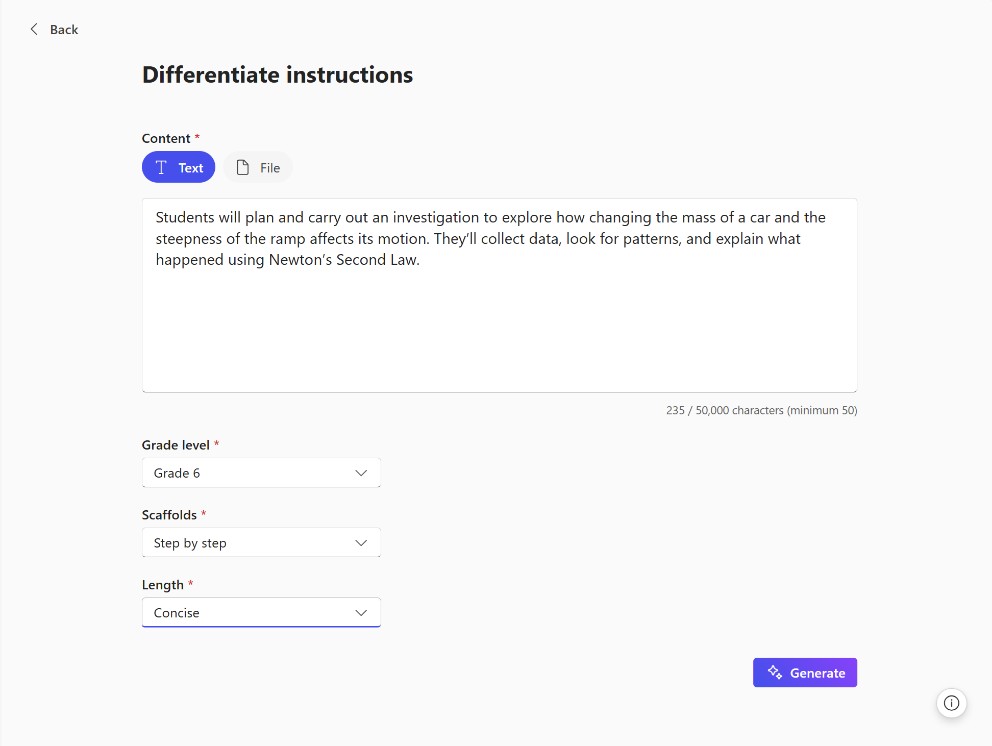 Alt text: Screen titled Differentiate instructions with lesson text about investigating mass and ramp steepness, grade level set to Grade 6, scaffolds set to Step by step, length set to Concise, and a Generate button