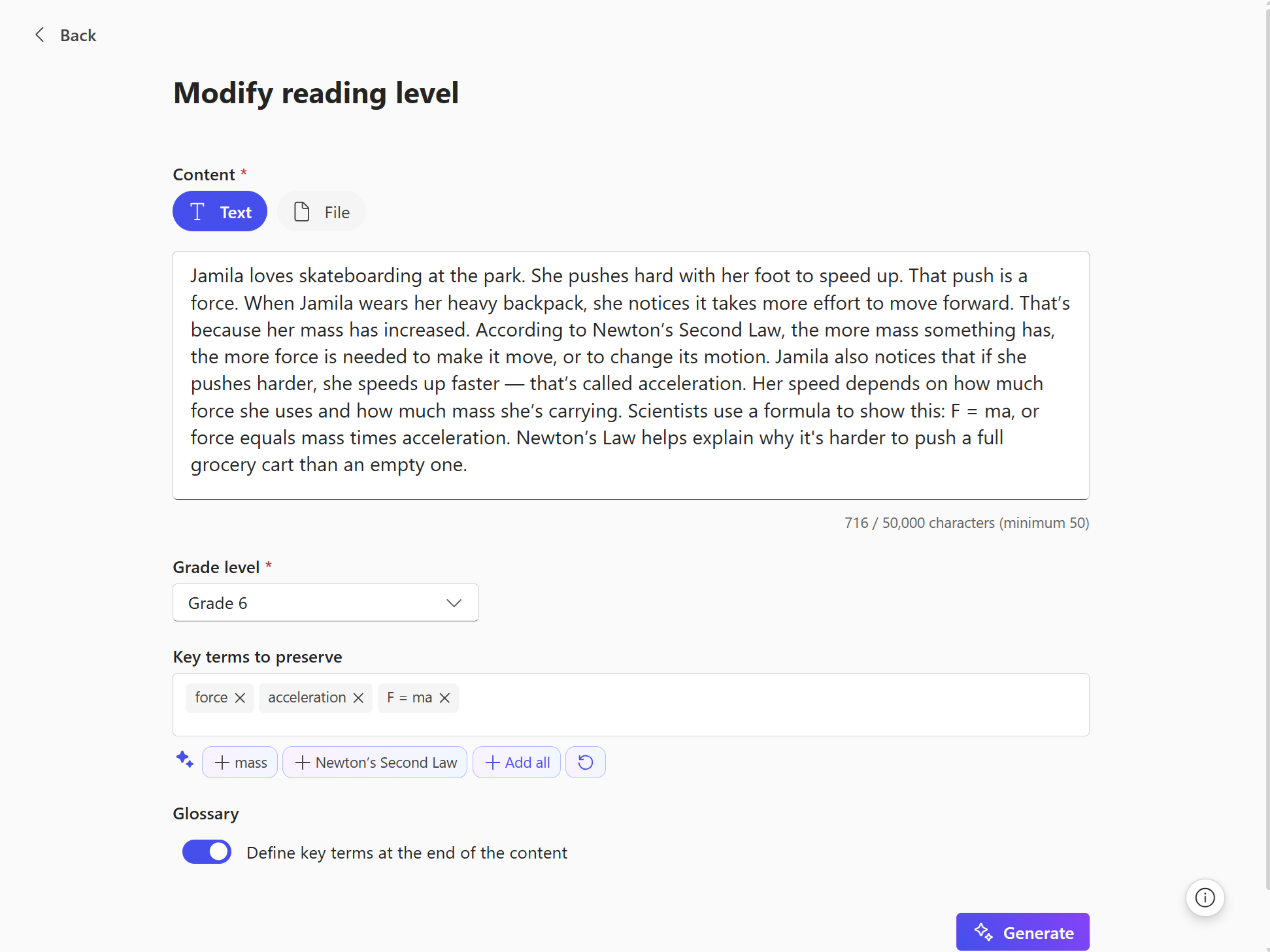 Alt text: Screen titled Modify reading level with a story about Jamila skateboarding to explain force and acceleration, grade level set to Grade 6, key terms to preserve listed (force, acceleration, F = ma), glossary toggle on, and a Generate button.