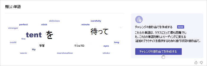 単語クラウドを示すスクリーンショット。学生が最も読み間違えた単語を示しています。単語が大きいほど、学生がエラーを出した回数が多くなります。マウスが目立つ単語の上にマウスポインターを置くと、その単語が 52 回見逃されたことを示すポップアップが表示されます。