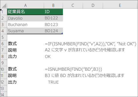 IF、ISNUMBER、および FIND 関数を使用してセルの一部が特定のテキストと一致するかどうかをチェックする例
