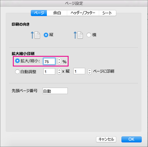[ページ設定] ボックスで [拡大縮小率] が選択されている