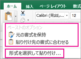 [貼り付け] メニューのオプションと [形式を選択して貼り付け]