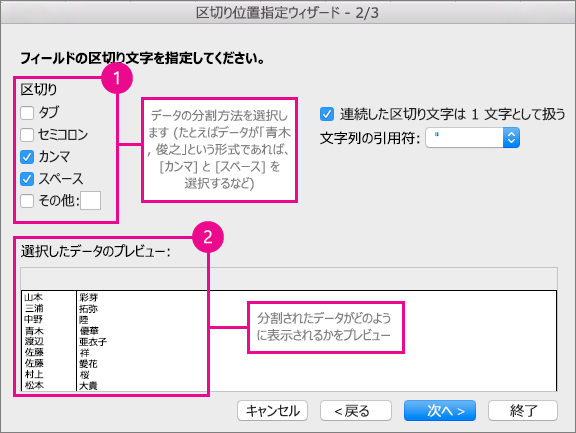 ウィザードの手順 2 の [区切り文字] で、データの分割方法を指定し、[プレビュー] を選ぶと、データのプレビューが表示される