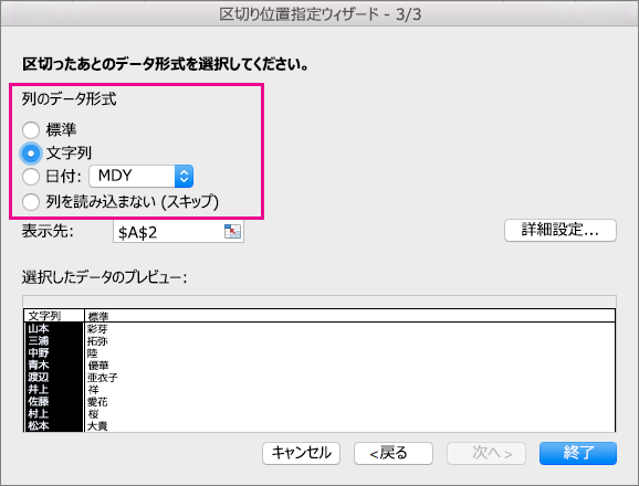 テキスト オプションが選択された状態のウィザードの手順 3