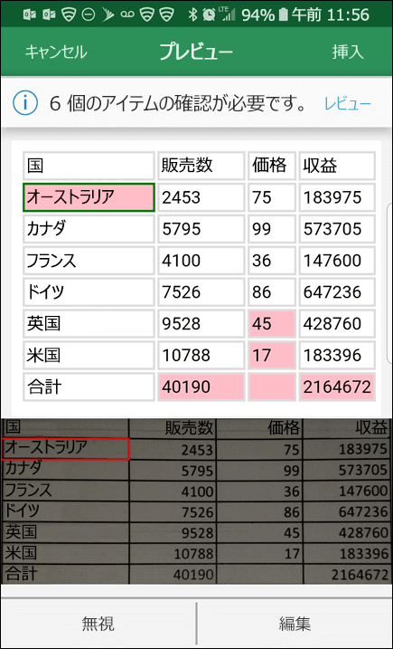 Excel で画像からデータをインポートする機能では、データ変換中に見つかった問題を修正することができます。