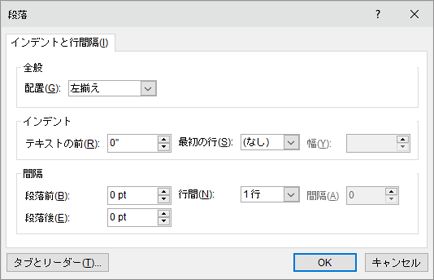 テキスト ボックスのテキスト インデントと間隔を編集するための [段落] ダイアログの画像