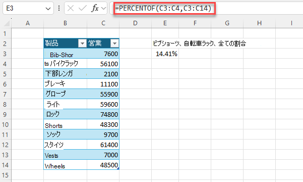 =PERCENTOF(C3:C4,C3:C14)