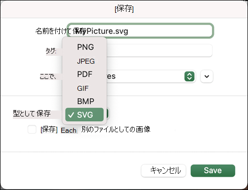 SVG オプションが選択された Excel 2021 for Mac の [名前を付けて保存] ダイアログ